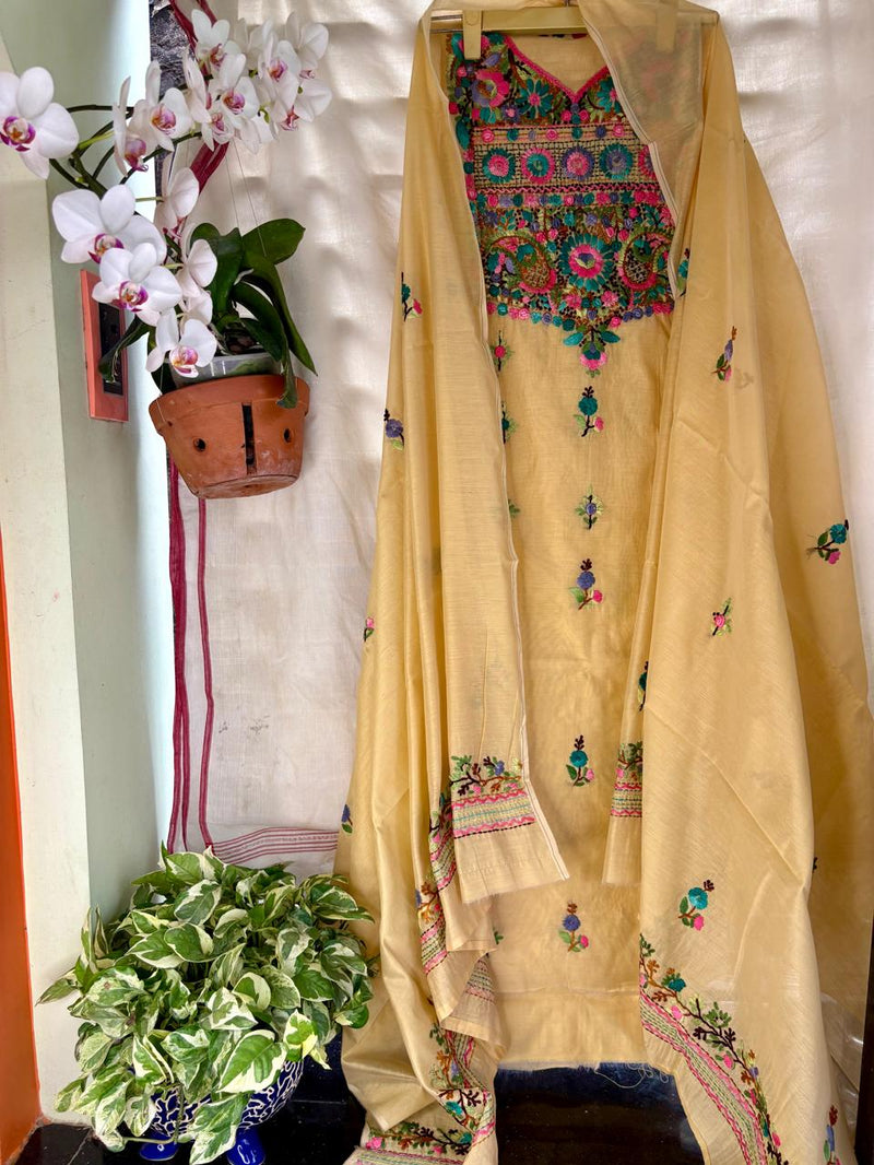 Hand Embroidered 3 Pc Unstitched Set in Cotton Chanderi