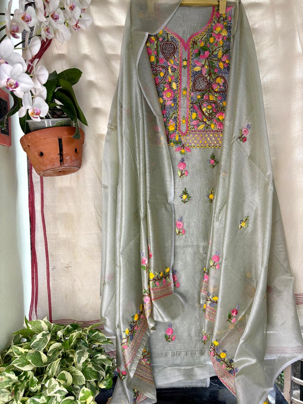 Hand Embroidered 3 Pc Unstitched Set in Cotton Chanderi
