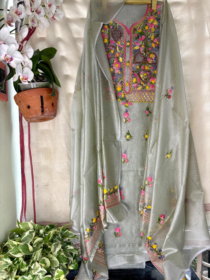 Hand Embroidered 3 Pc Unstitched Set in Cotton Chanderi