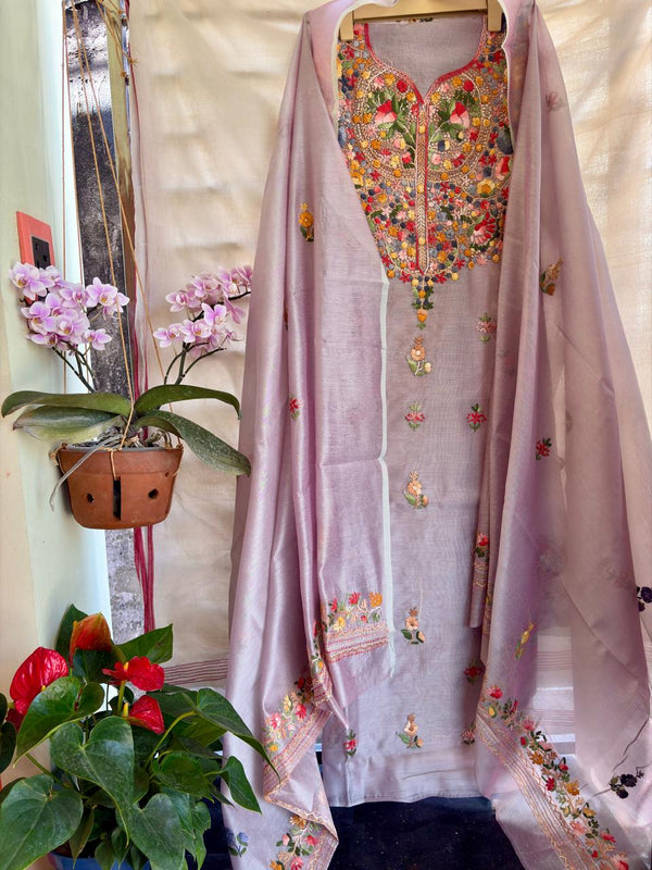 Hand Embroidered 3 Pc Unstitched Set in Cotton Chanderi