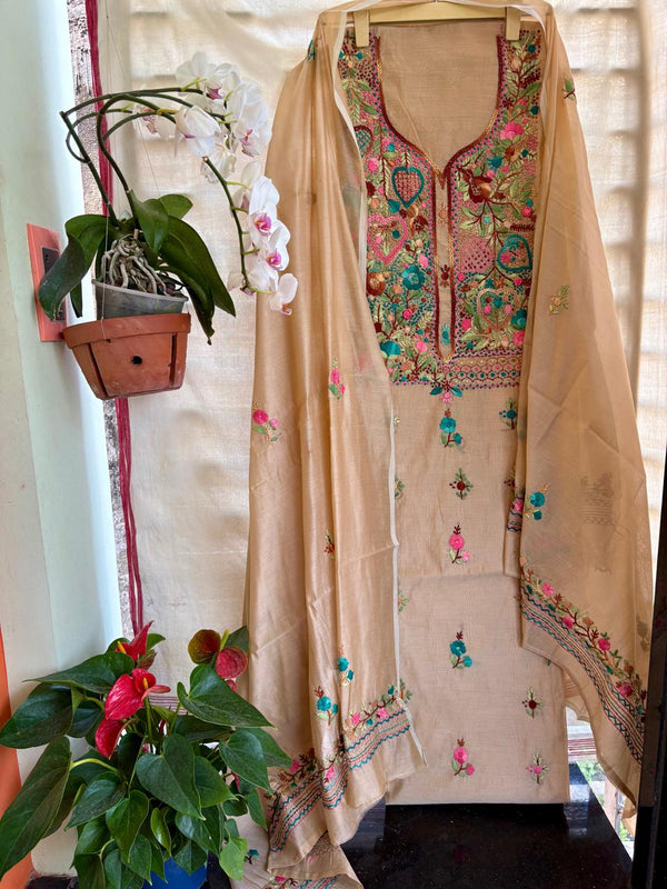 Hand Embroidered 3 Pc Unstitched Set in Cotton Chanderi