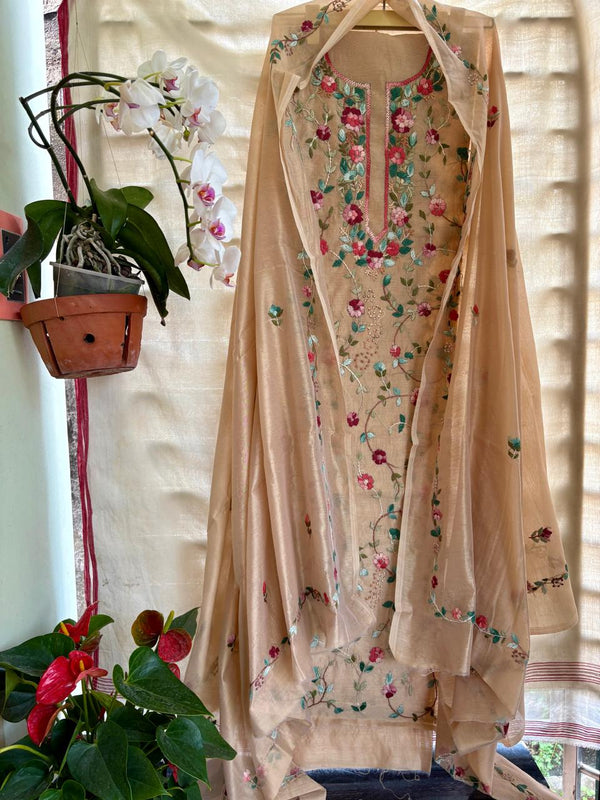 Hand Embroidered 3 Pc Unstitched Set in Cotton Chanderi