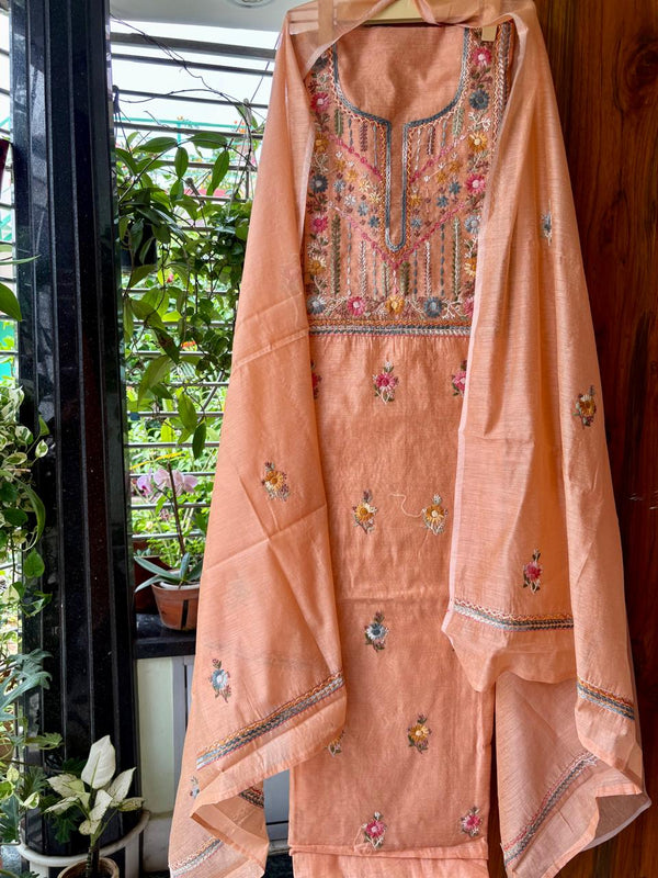 Hand Embroidered 3 Pc Unstitched Set in Cotton Chanderi