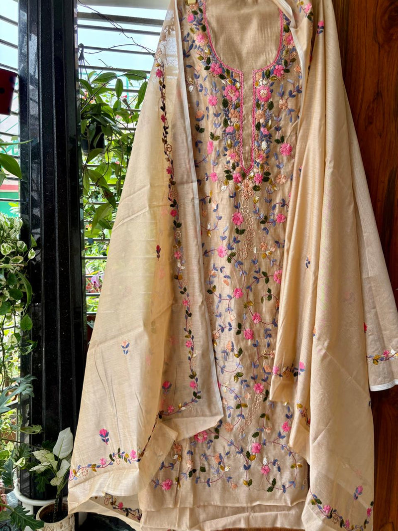 Hand Embroidered 3 Pc Unstitched Set in Cotton Chanderi