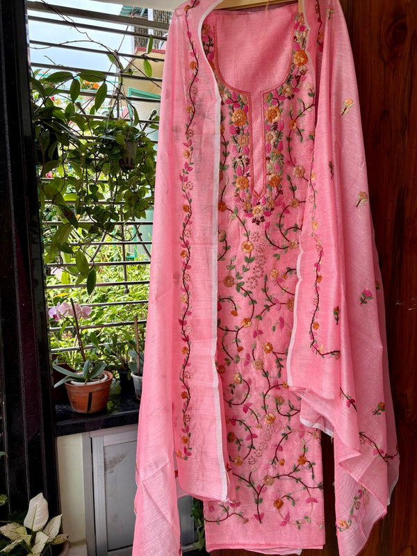 Hand Embroidered 3 Pc Unstitched Set in Cotton Chanderi
