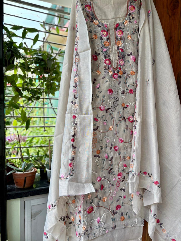 Hand Embroidered 3 Pc Unstitched Set in Cotton Chanderi