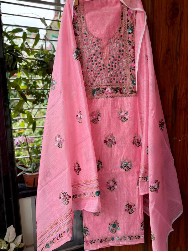Hand Embroidered 3 Pc Unstitched Set in Cotton Chanderi
