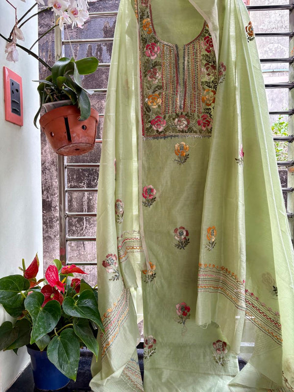 Hand Embroidered 3 Pc Unstitched Set in Cotton Chanderi