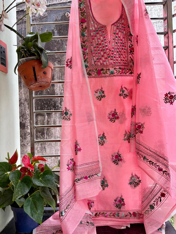 Hand Embroidered 3 Pc Unstitched Set in Cotton Chanderi