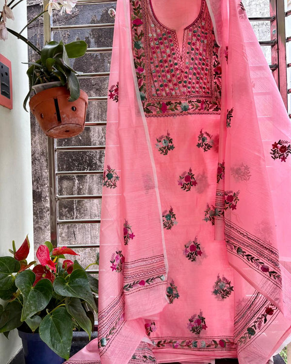 Hand Embroidered 3 Pc Unstitched Set in Cotton Chanderi