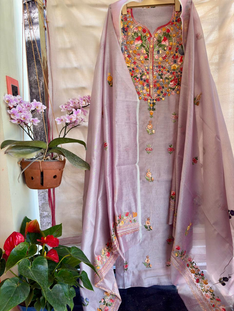 Hand Embroidered 3 Pc Unstitched Set in Cotton Chanderi