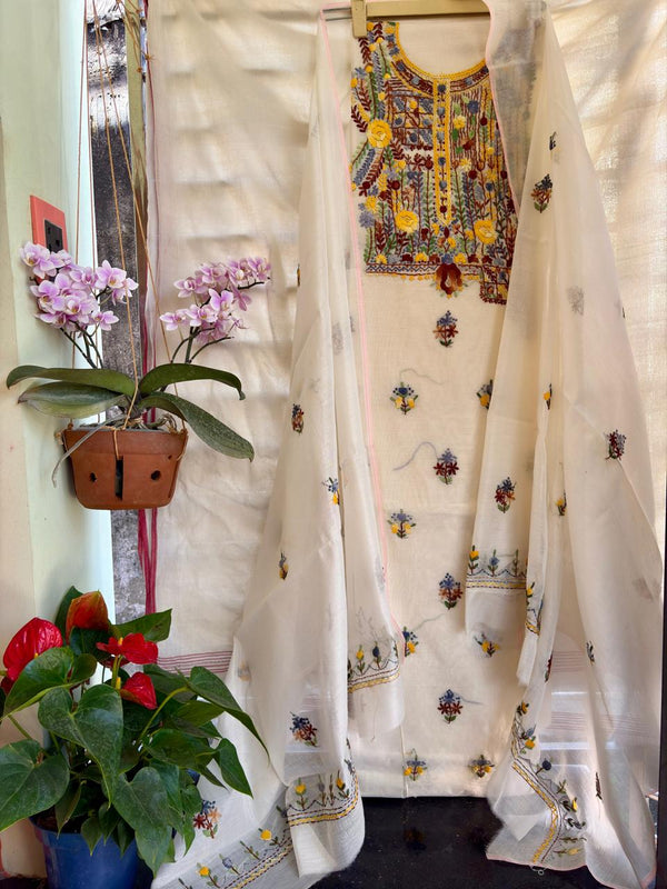 Hand Embroidered 3 Pc Unstitched Set in Cotton Chanderi