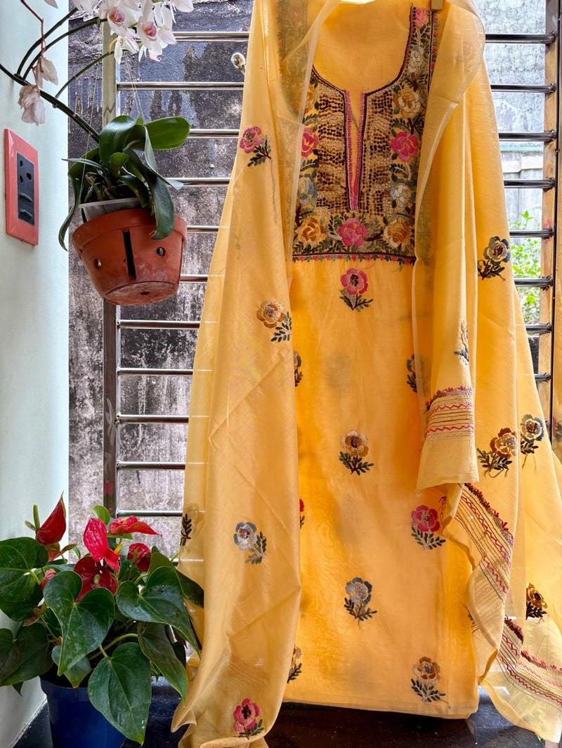 Hand Embroidered 3 Pc Unstitched Set in Cotton Chanderi