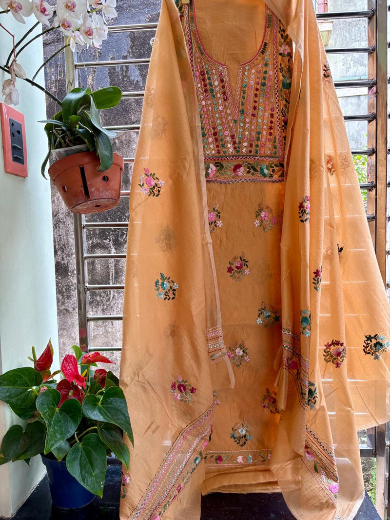 Hand Embroidered 3 Pc Unstitched Set in Cotton Chanderi