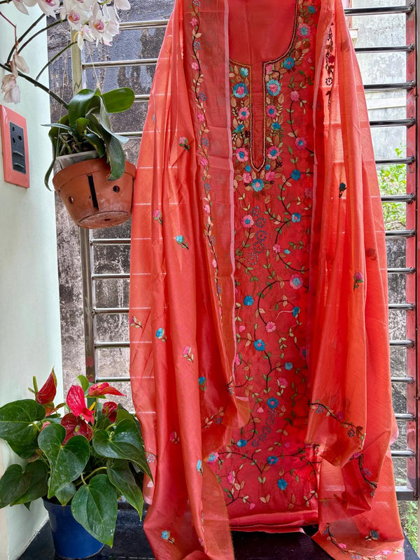 Hand Embroidered 3 Pc Unstitched Set in Cotton Chanderi