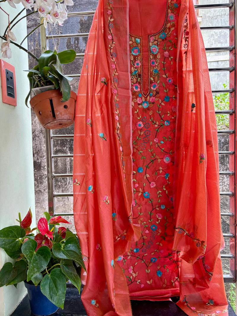 Hand Embroidered 3 Pc Unstitched Set in Cotton Chanderi