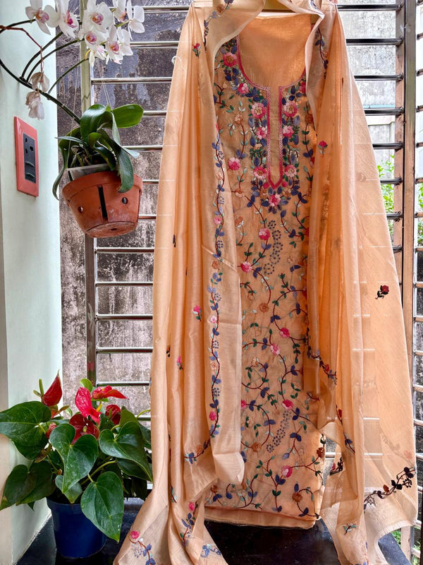 Hand Embroidered 3 Pc Unstitched Set in Cotton Chanderi