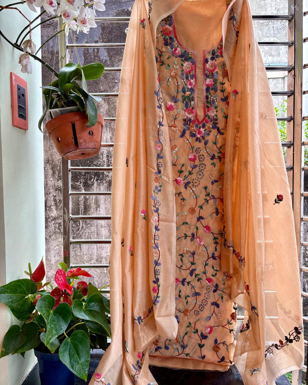 Hand Embroidered 3 Pc Unstitched Set in Cotton Chanderi
