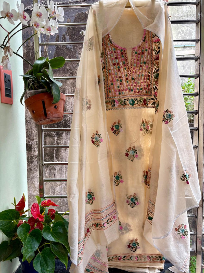 Hand Embroidered 3 Pc Unstitched Set in Cotton Chanderi