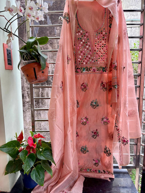 Hand Embroidered 3 Pc Unstitched Set in Cotton Chanderi
