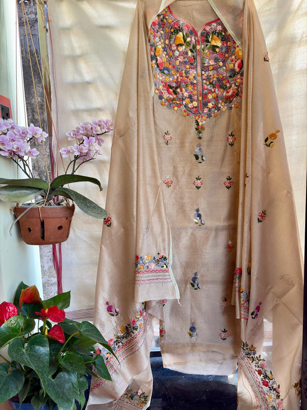 Hand Embroidered 3 Pc Unstitched Set in Cotton Chanderi