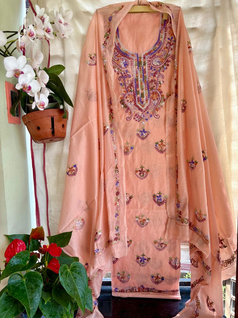 Hand Embroidered 3 Pc Unstitched Set in Cotton Chanderi