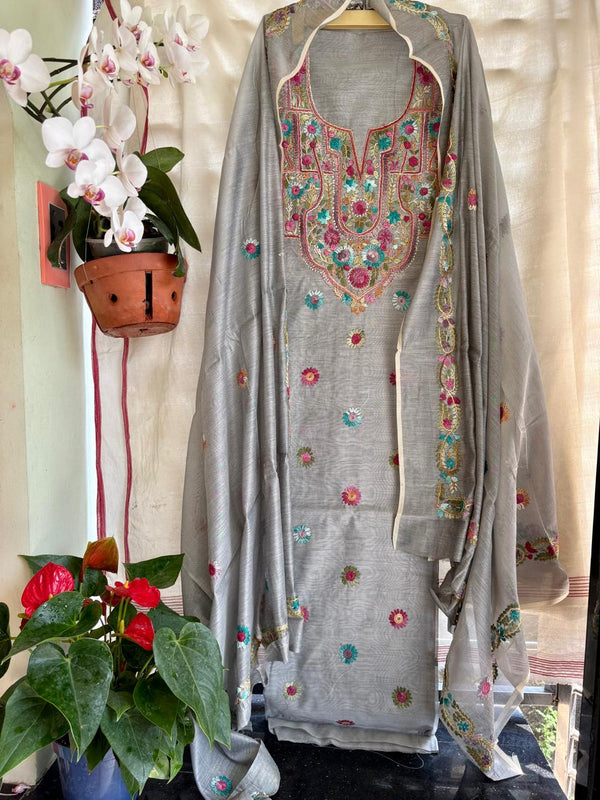 Hand Embroidered 3 Pc Unstitched Set in Cotton Chanderi