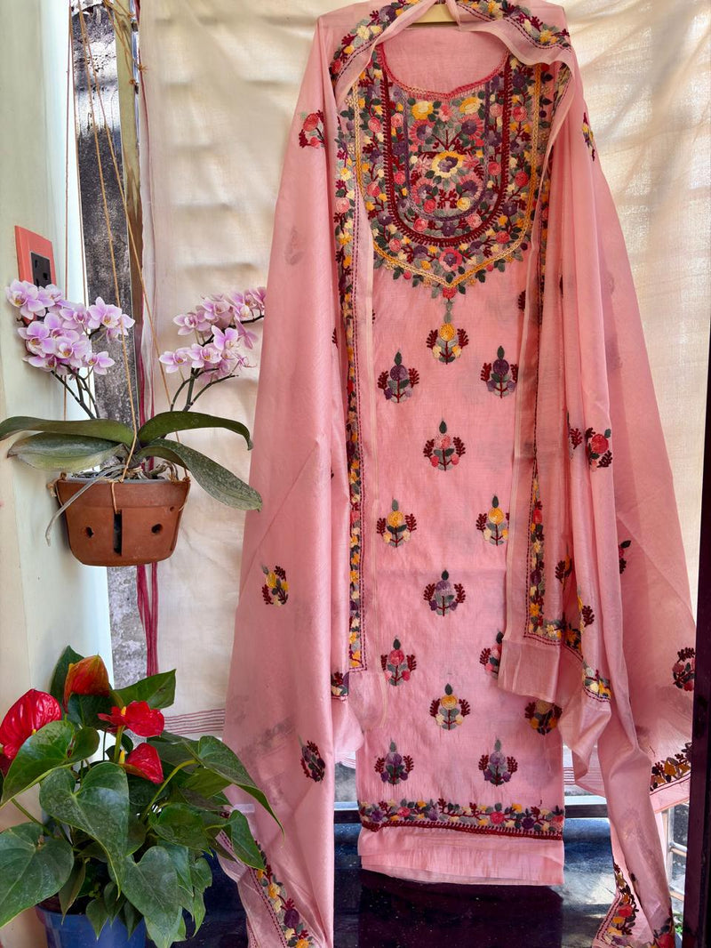 Hand Embroidered 3 Pc Unstitched Set in Cotton Chanderi
