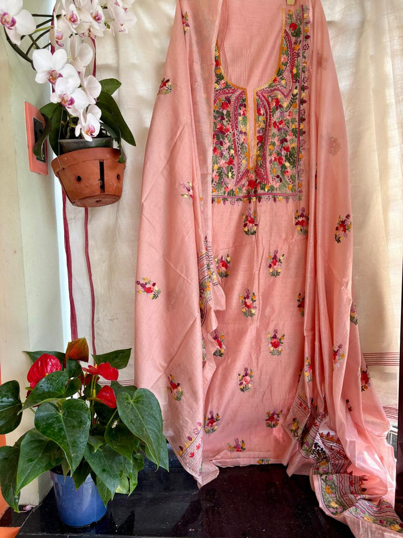 Hand Embroidered 3 Pc Unstitched Set in Cotton Chanderi