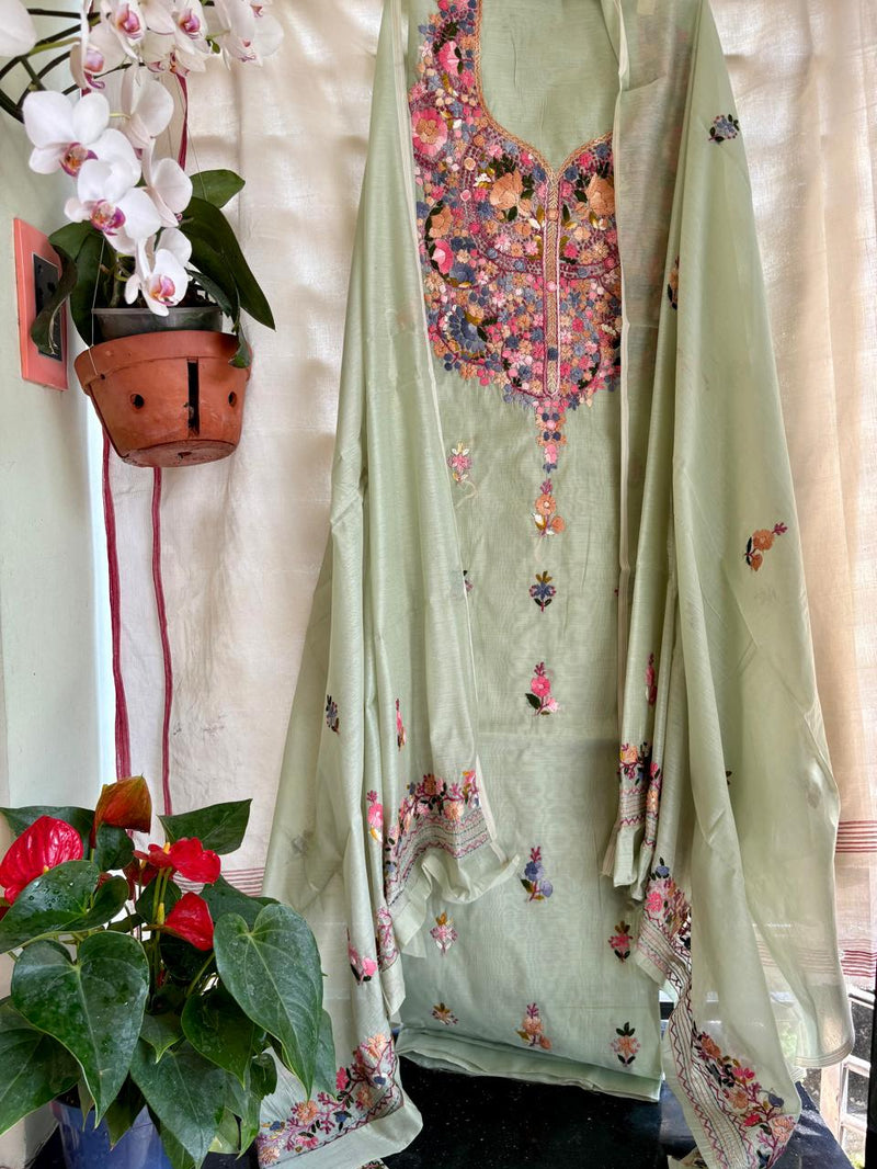 Hand Embroidered 3 Pc Unstitched Set in Cotton Chanderi