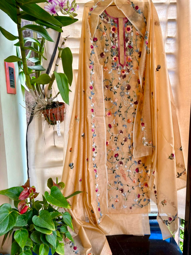 Hand Embroidered 3 Pc Unstitched Set in Cotton Chanderi