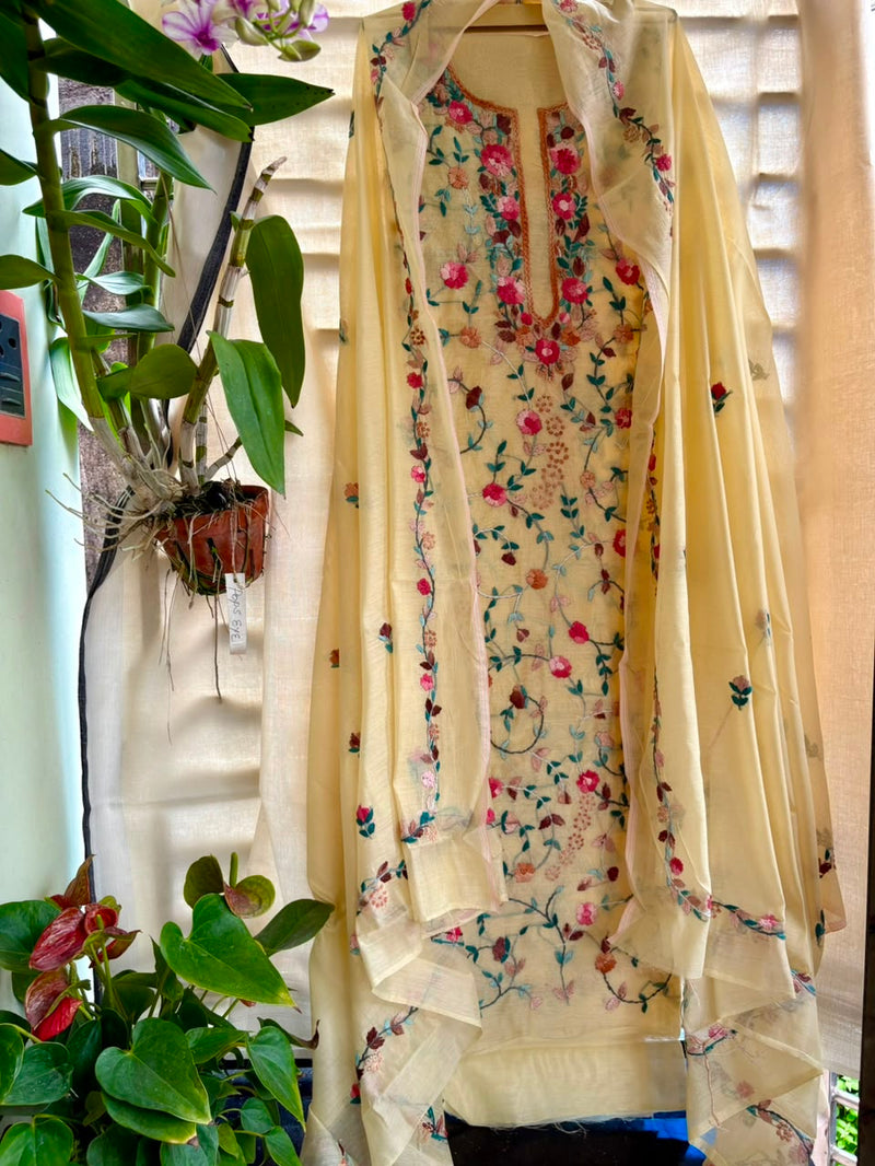 Hand Embroidered 3 Pc Unstitched Set in Cotton Chanderi