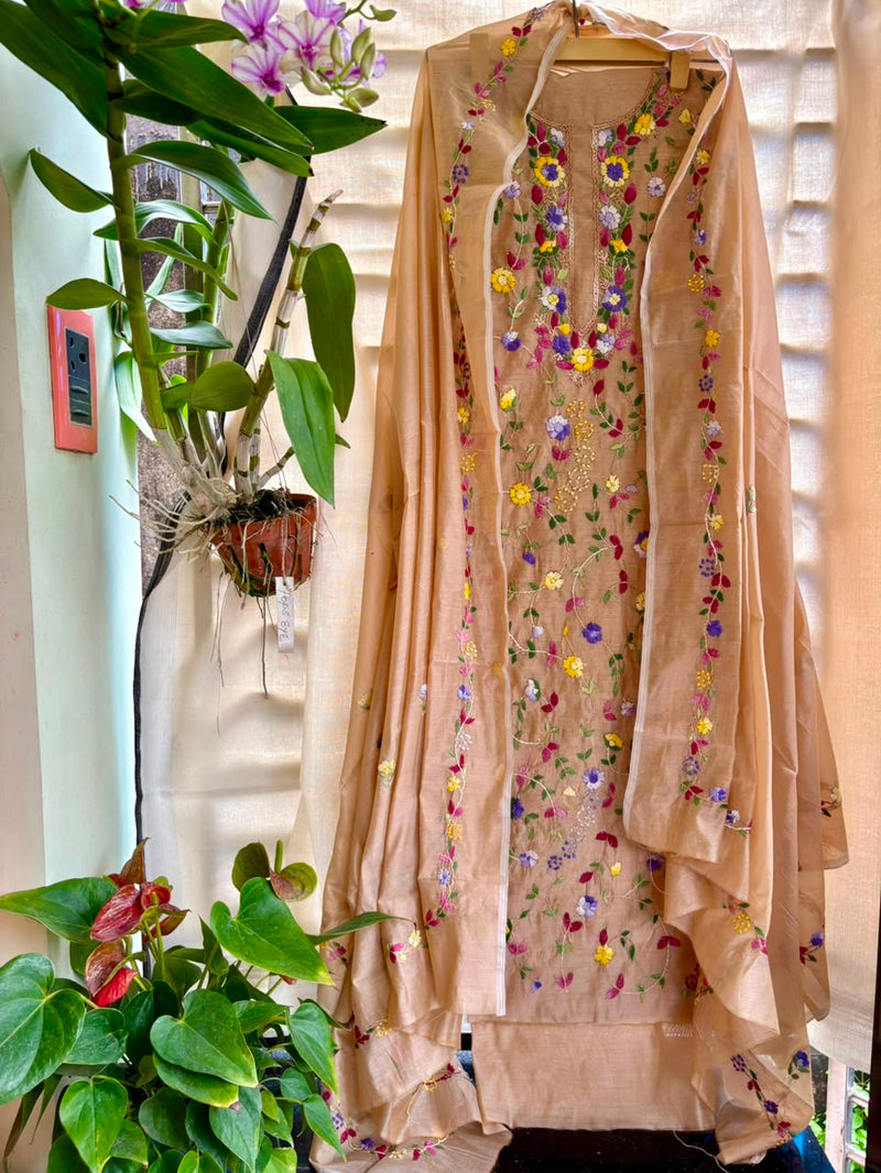 Hand Embroidered 3 Pc Unstitched Set in Cotton Chanderi