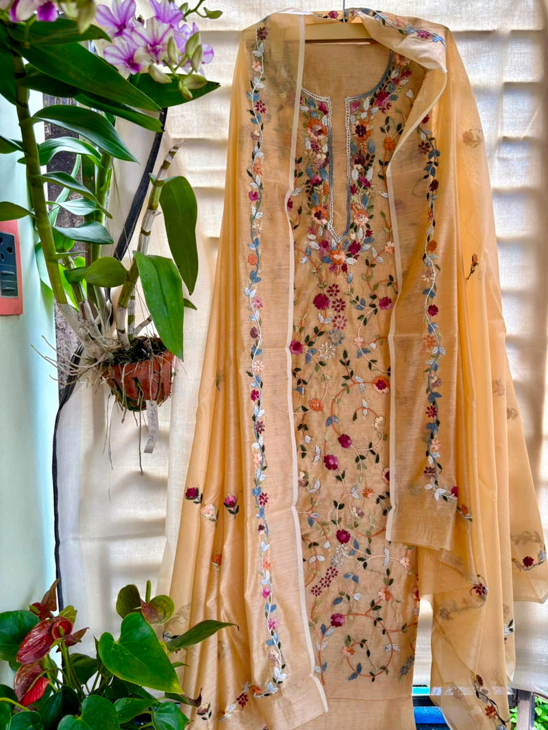 Hand Embroidered 3 Pc Unstitched Set in Cotton Chanderi
