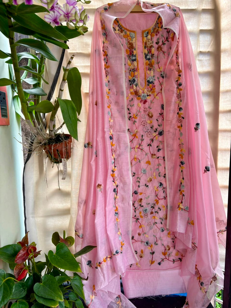 Hand Embroidered 3 Pc Unstitched Set in Cotton Chanderi
