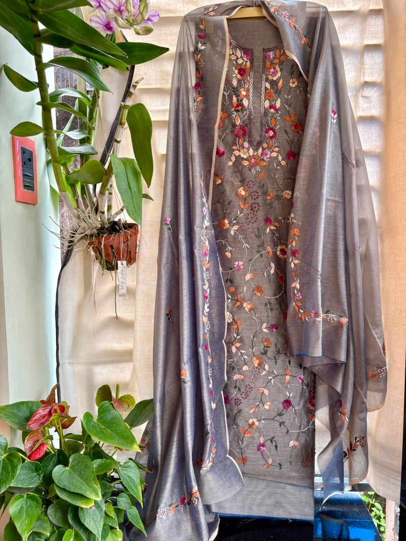 Hand Embroidered 3 Pc Unstitched Set in Cotton Chanderi