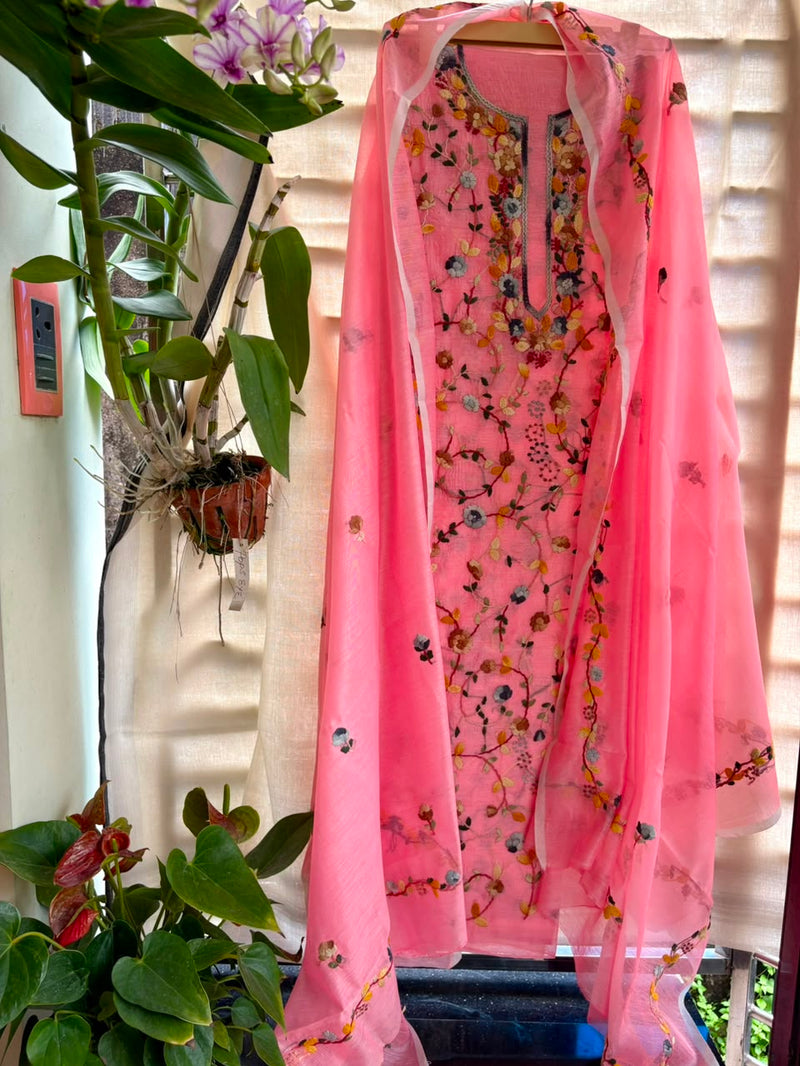 Hand Embroidered 3 Pc Unstitched Set in Cotton Chanderi