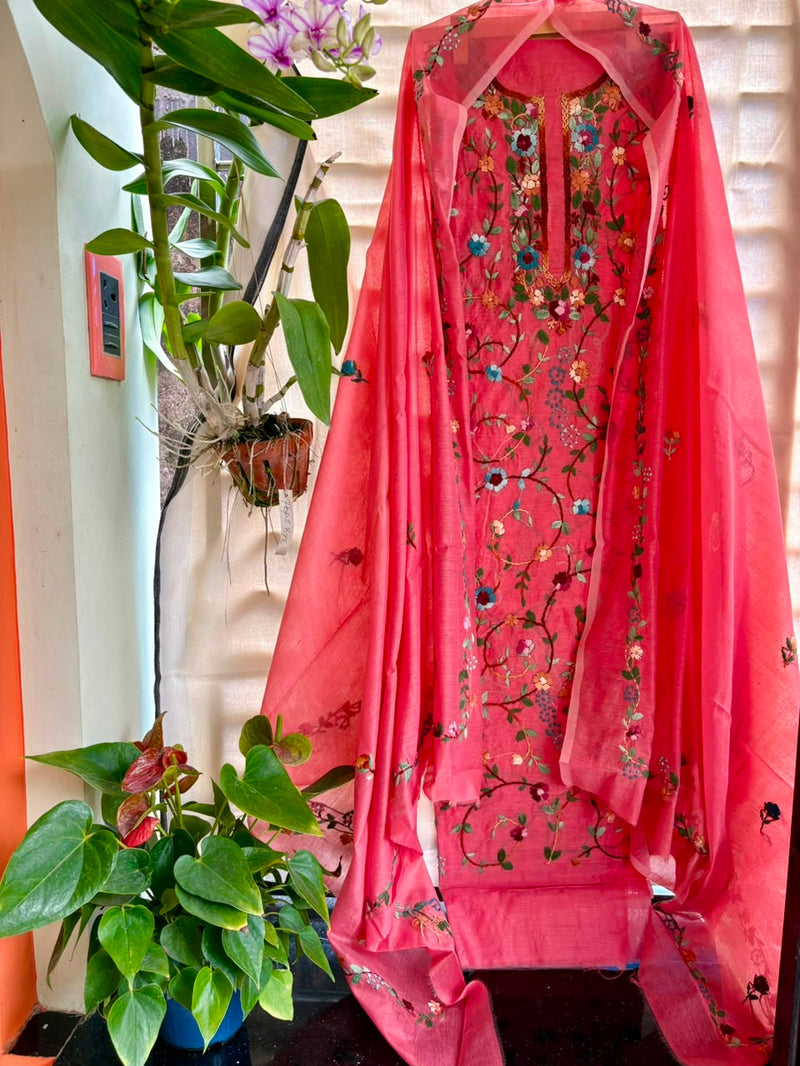Hand Embroidered 3 Pc Unstitched Set in Cotton Chanderi