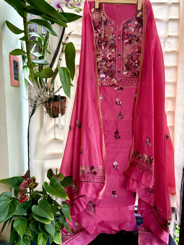 Hand Embroidered 3 Pc Unstitched Set in Cotton Chanderi — Pink 12