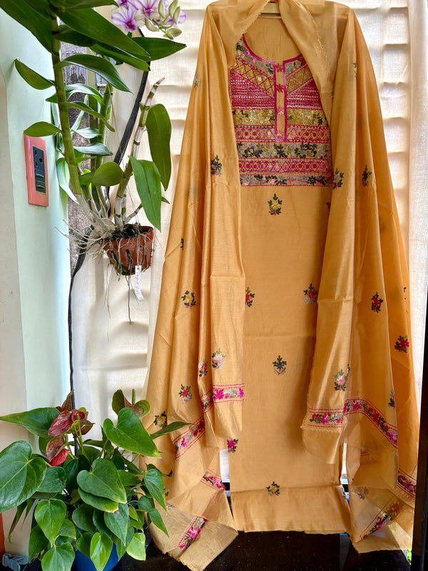 Hand Embroidered 3 Pc Unstitched Set in Cotton Chanderi — 21