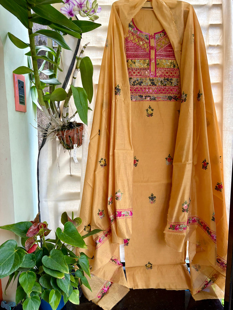Hand Embroidered 3 Pc Unstitched Set in Cotton Chanderi — 21