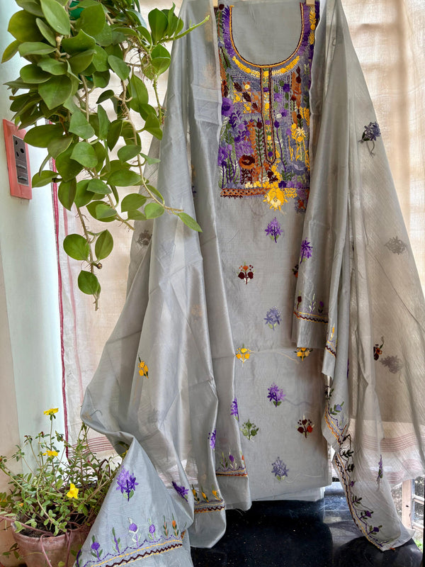 Hand Embroidered 3 Pc Unstitched Set in Cotton Chanderi — 13