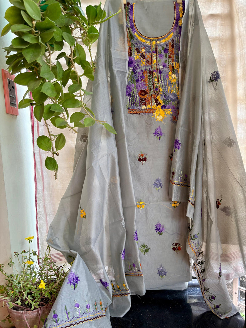 Hand Embroidered 3 Pc Unstitched Set in Cotton Chanderi — 13