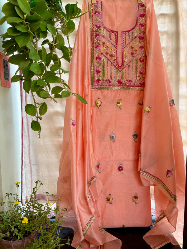 Hand Embroidered 3 Pc Unstitched Set in Cotton Chanderi — 15