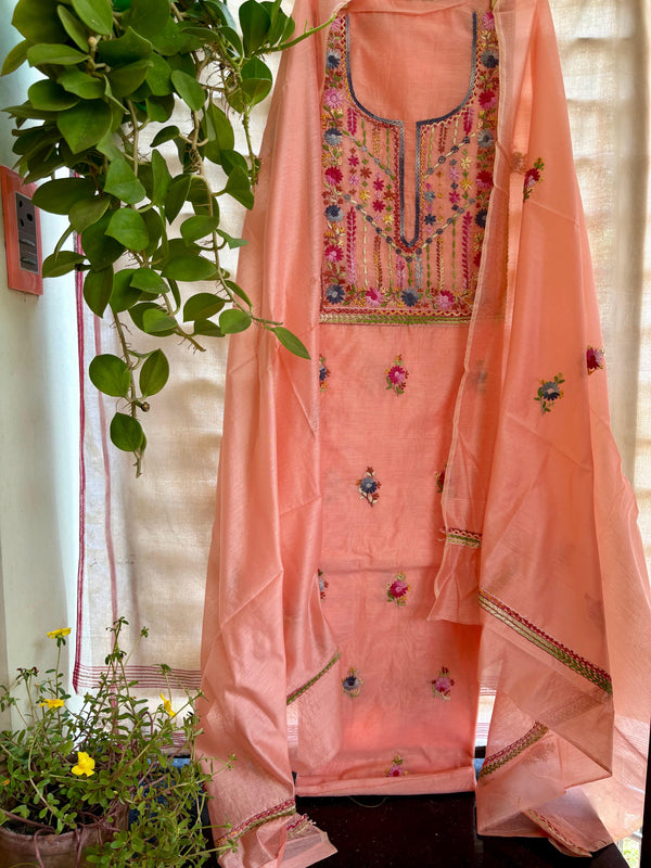 Hand Embroidered 3 Pc Unstitched Set in Cotton Chanderi — 14
