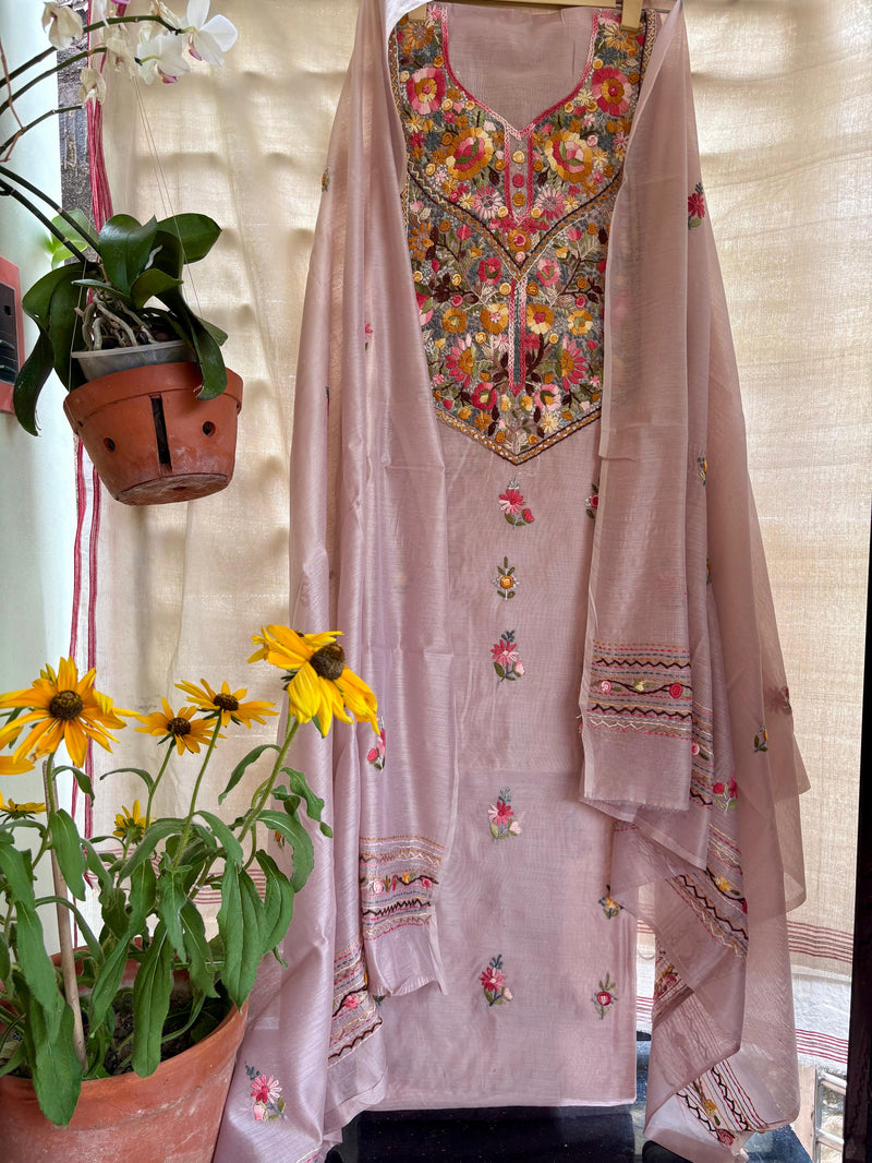 Hand Embroidered 3 Pc Unstitched Set in Cotton Chanderi — 20