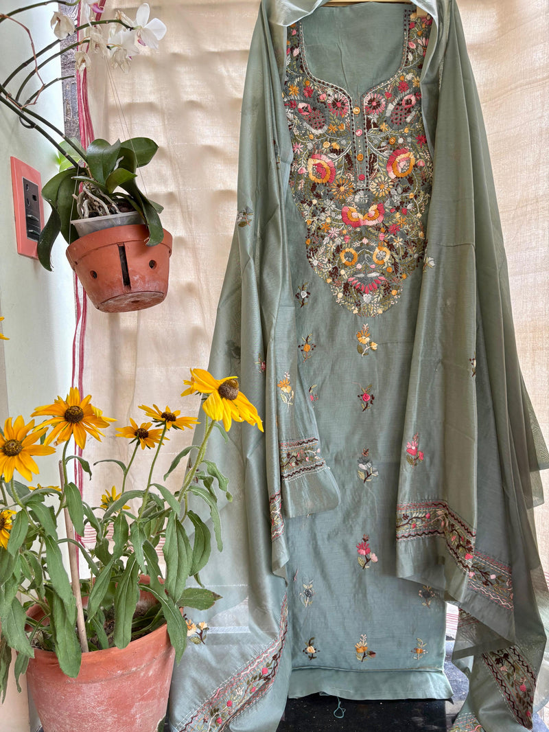 Hand Embroidered 3 Pc Unstitched Set in Cotton Chanderi — 17