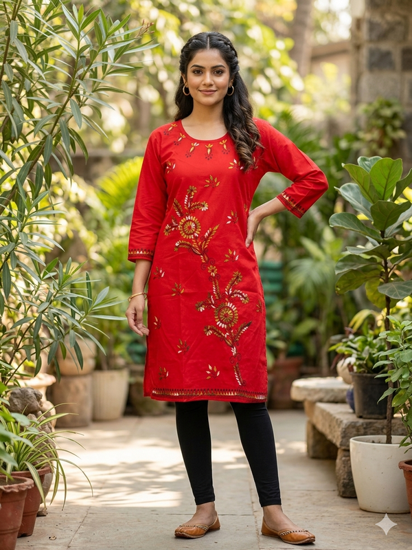 Stitched Kurti on Kantha Work — Red 31