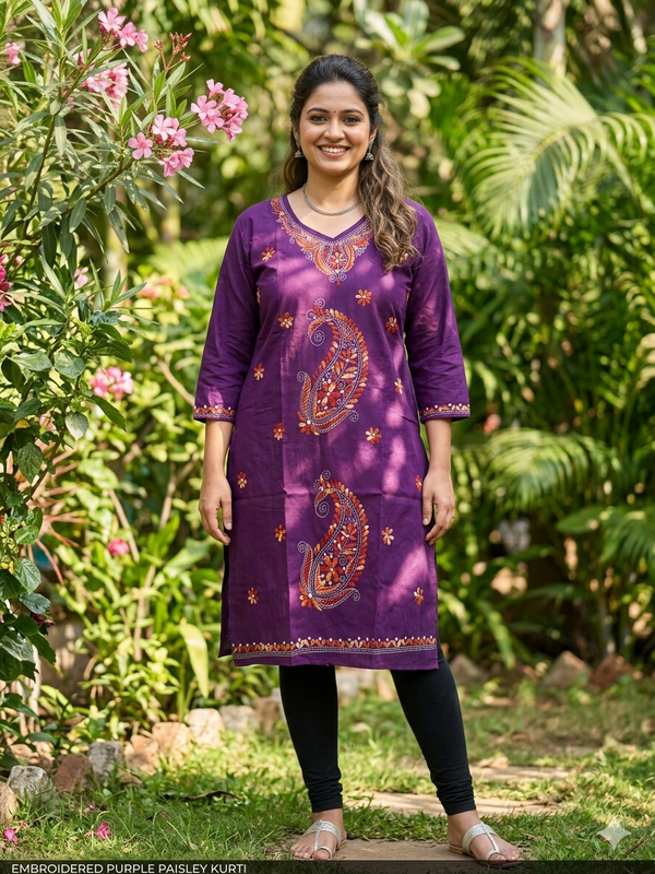 Stitched Kurti on Kantha Work — Purple 03