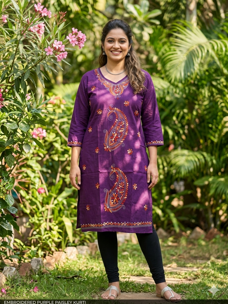 Stitched Kurti on Kantha Work — Purple 03